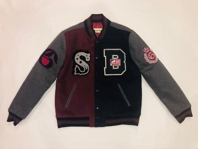 VARSITY JACKET WITH COLOR BLOCK AND LEATHER SLEEVES – The Lud